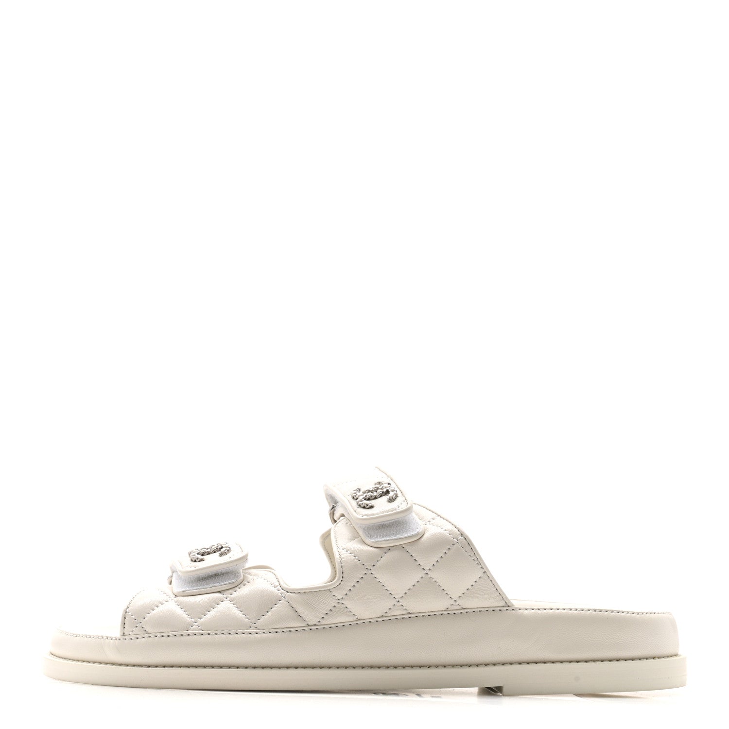 CHANEL LAMBSKIN QUILTED VELCRO DAD CHAIN CC SLIDE SANDAL WHITE