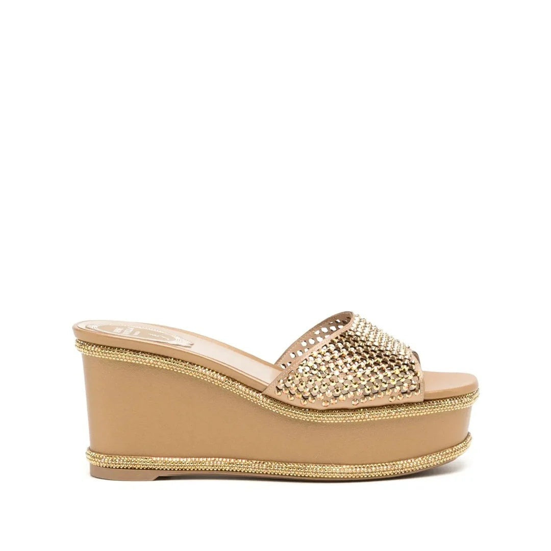 René Caovilla Embellished Mule - Gold/Beige