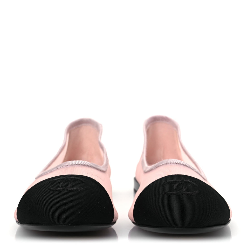 CHANEL TWEED GROSGRAIN CAP TOE CC BALLERINA FLAT PINK BLACK & GOLD