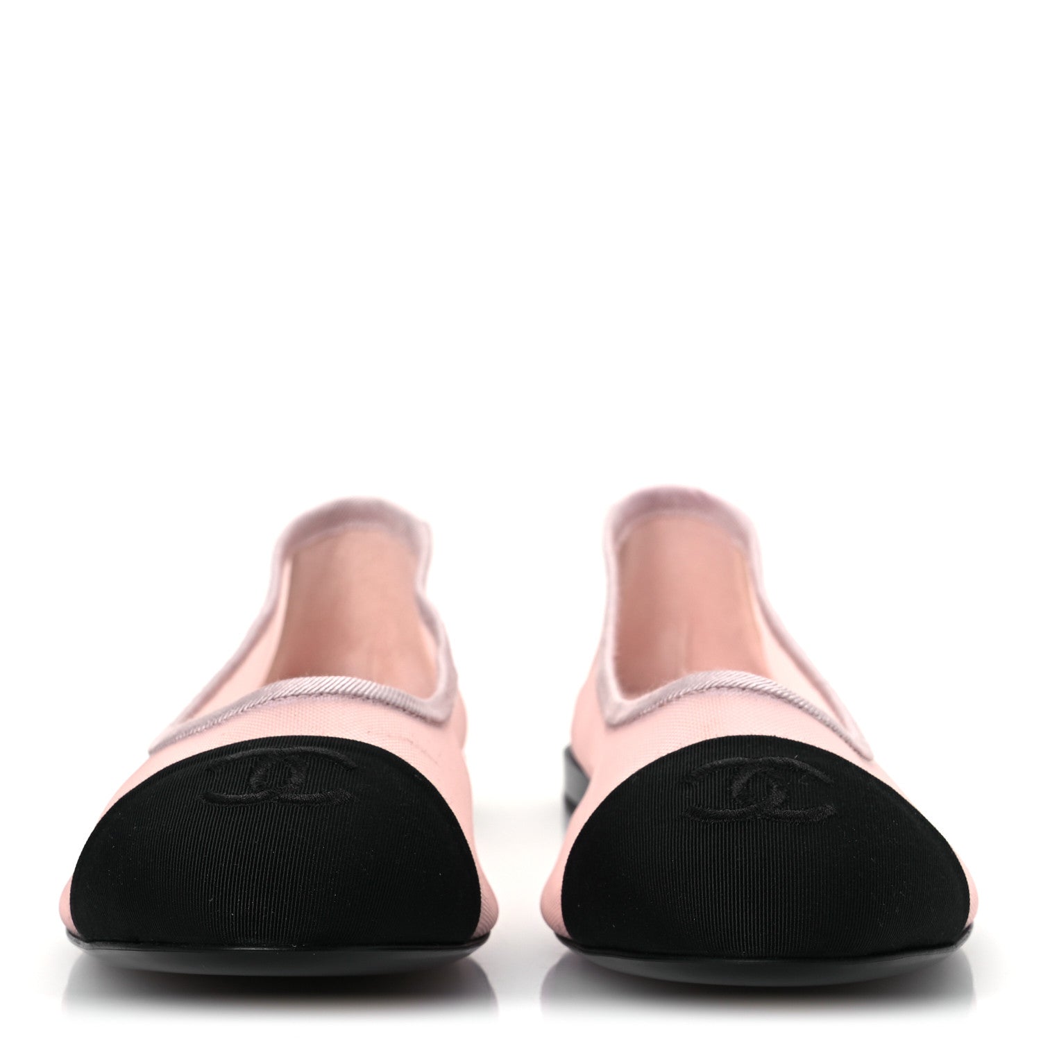 CHANEL TWEED GROSGRAIN CAP TOE CC BALLERINA FLAT PINK BLACK & GOLD