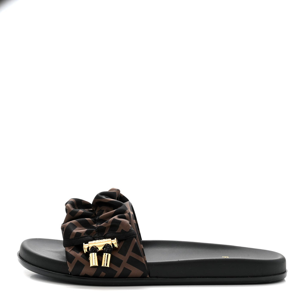 FENDI FEEL SATIN SLIDE SANDALS BLACK & WHITE