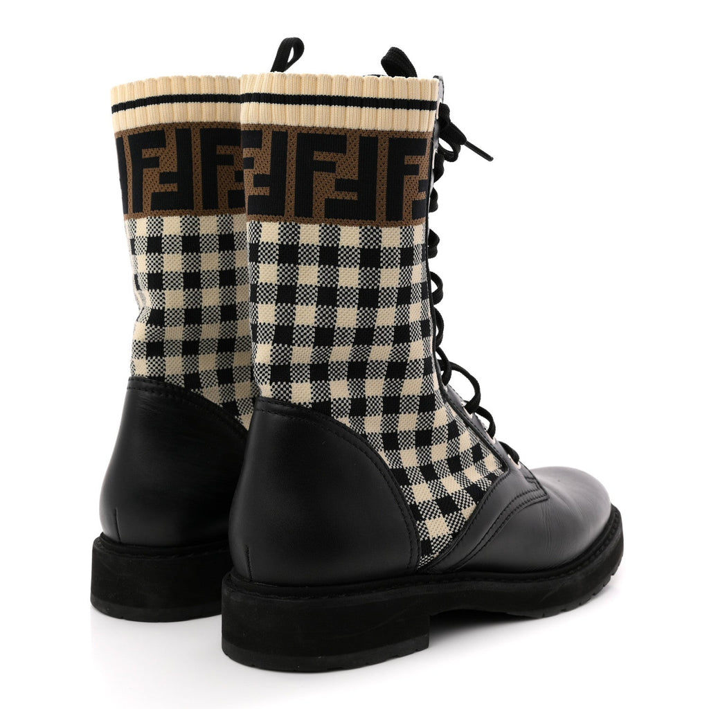 FENDI VITELLO FF VICHY ROCKOKO BIKER BOOT BLACK TOBACCO