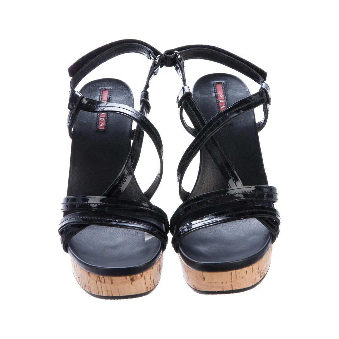 Prada Patent Leather Wedge Sandals - Black (cork wedge, strappy variant)