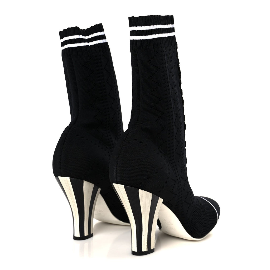 FENDI FF ROCKOKO STRETCH FABRIC OPENWORK SOCK BOOT BLACK & WHITE PEARL