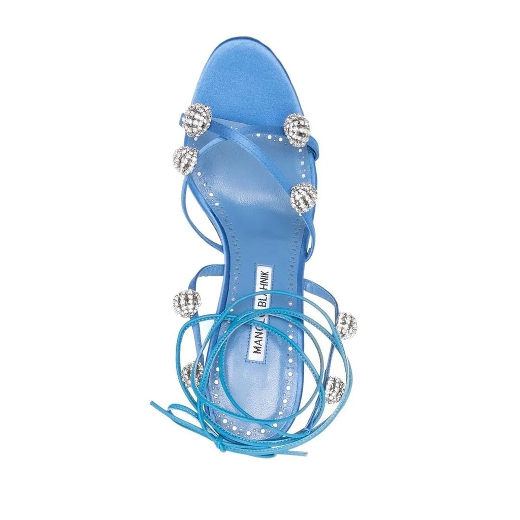 Manolo Blahnik Vierasan Crossover-Strap Heeled Sandals - Blue (different model - strappy with crystal balls)