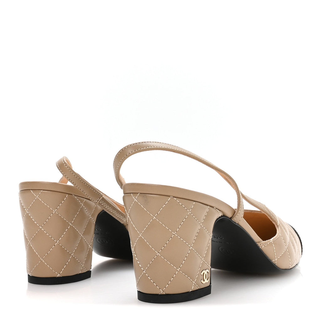 CHANEL BEIGE BLACK CAP TOE CC SLINGBACK PUMPS BEIGE
