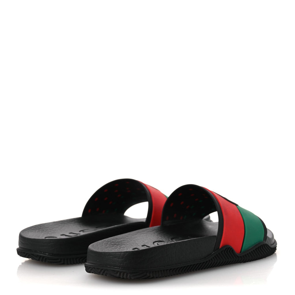 GUCCI RUBBER WEB INTERLOCKING G SLIDE SANDALS BLACK GREEN WHITE