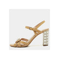 Miu Miu Patent Crystal Embellished Ankle Strap Sandal - Tan/Camel