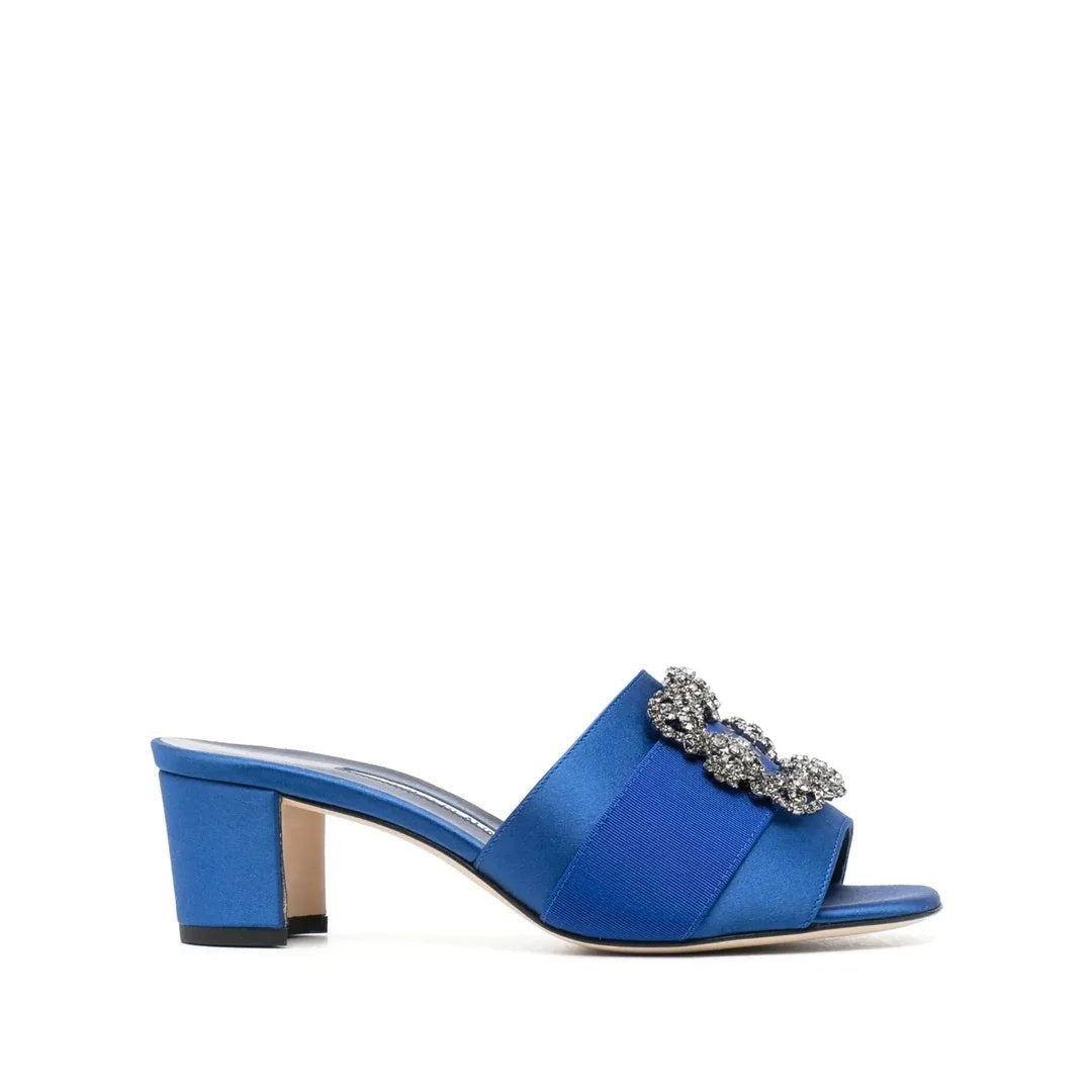 Manolo Blahnik Martanew 50 Satin Mules With Crystal Buckle - Blue