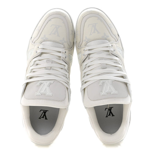 LOUIS VUITTON CALFSKIN EMBOSSED MONOGRAM DENIM LV TRAINER SNEAKERS LIGHT BLUE & WHITE