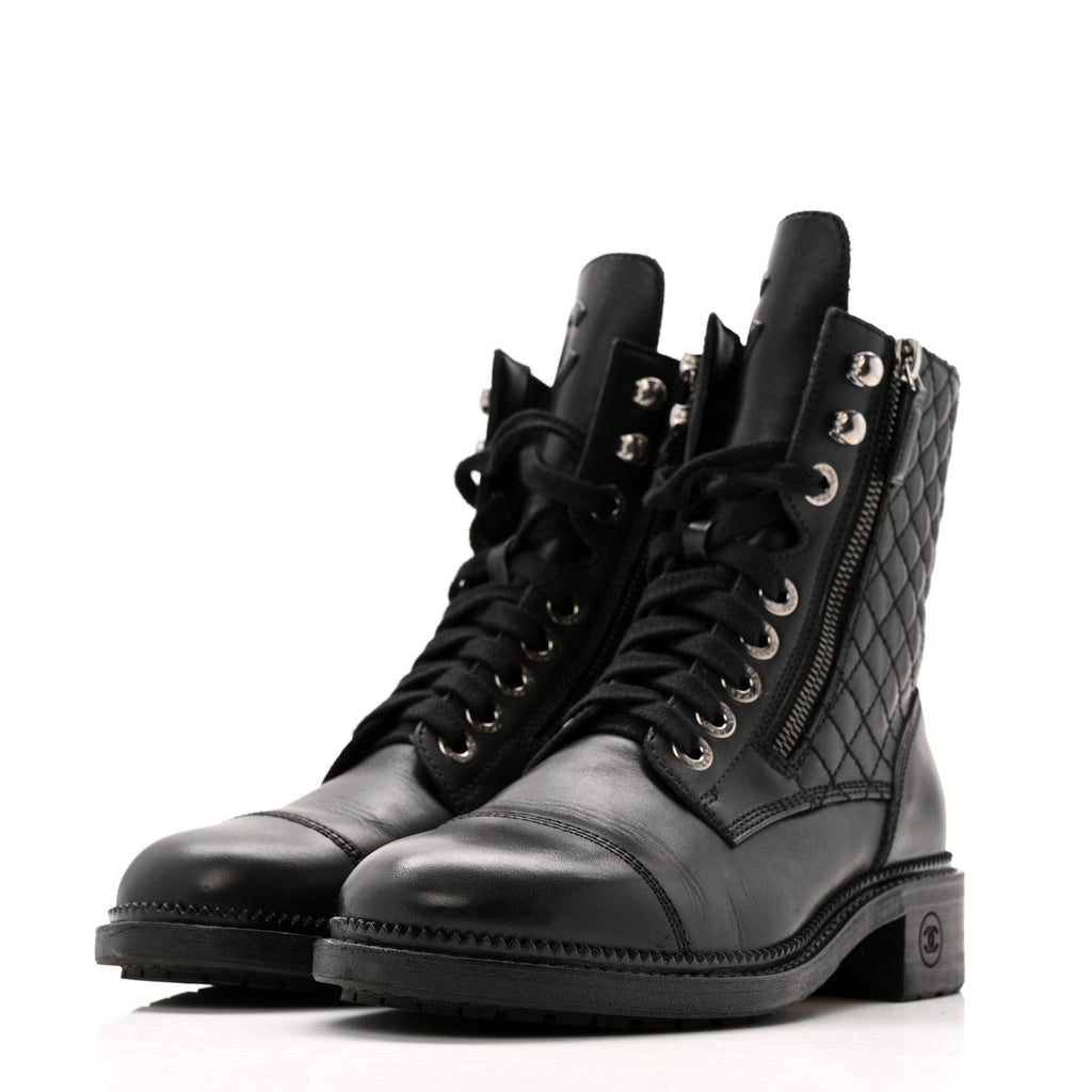 CHANEL QUILTED LACE UP COMBAT BOOTS CALFSKIN BLACK SHW