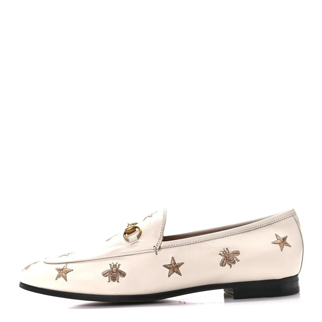 Gucci Goatskin Bee Star Embroidered Jordaan Loafers - White/Ivory