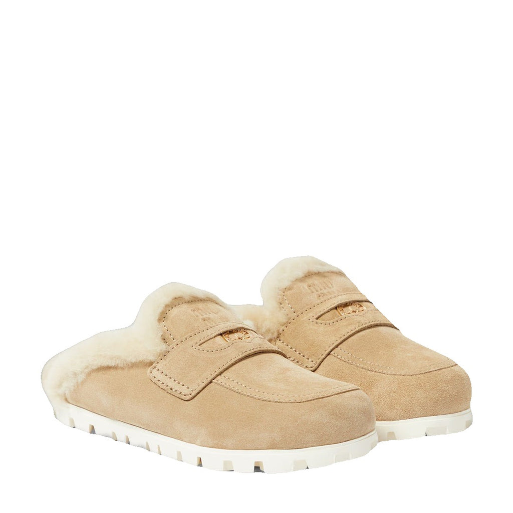 Miu Miu Suede Shearling Penny Loafer Mule - Beige