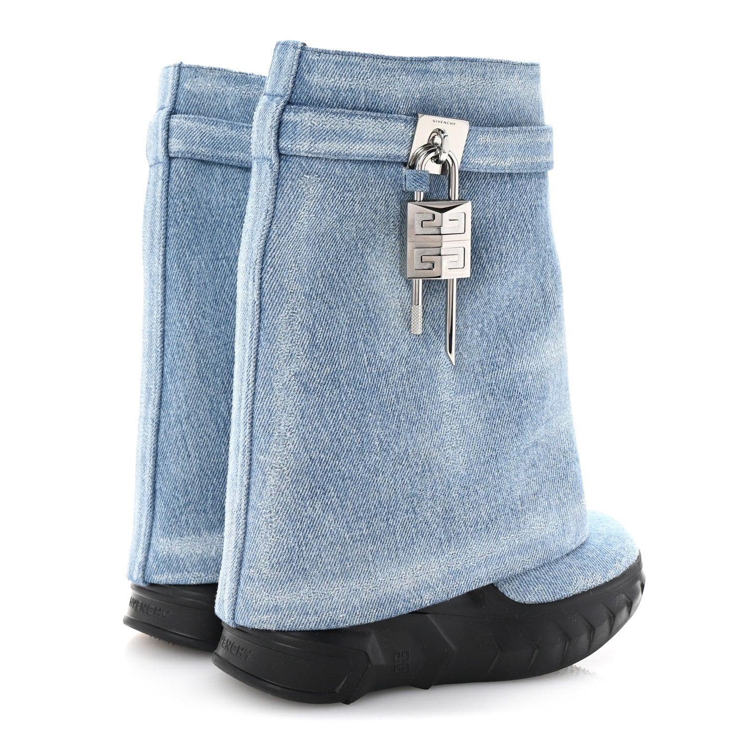 GIVENCHY WASHED DENIM SHARK LOCK BIKER ANKLE BOOT LIGHT BLUE SNEAKER SOLE
