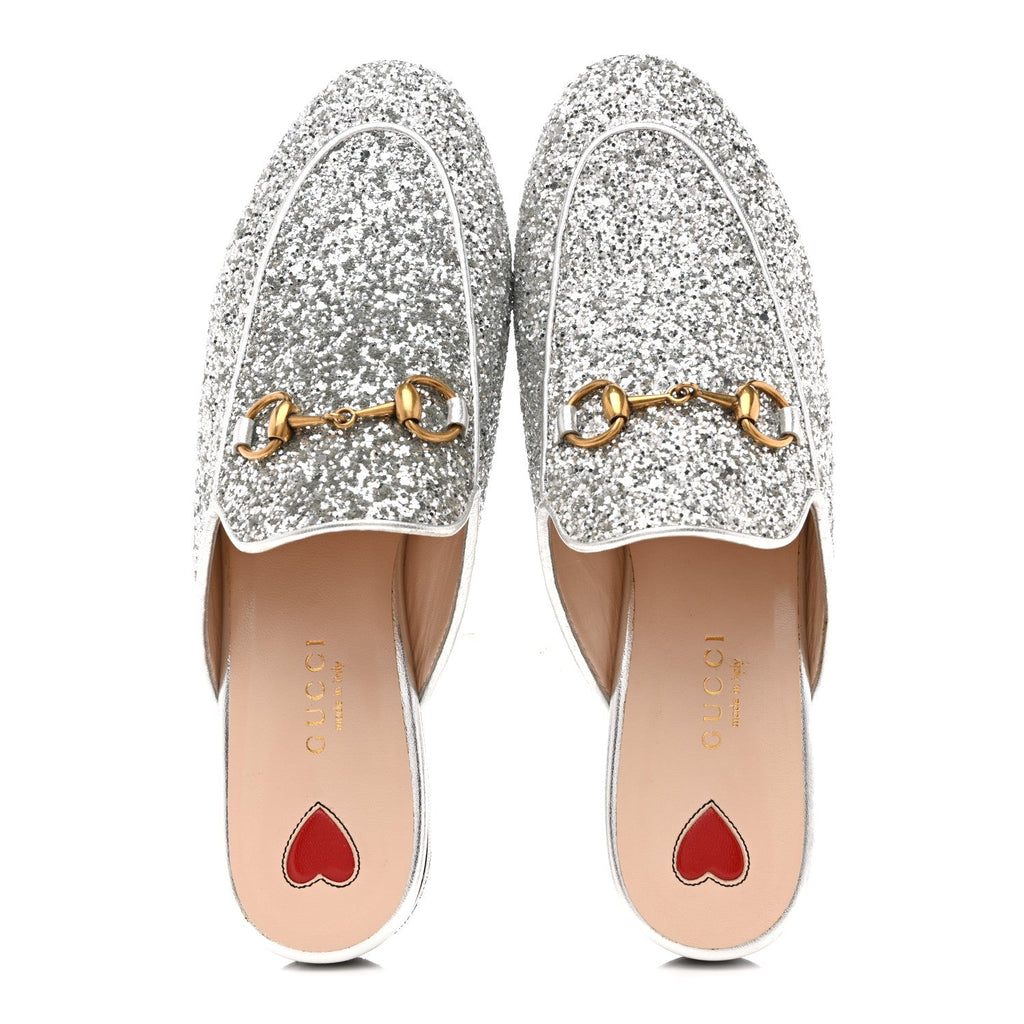 GUCCI GLITTER PRINCETOWN SLIPPERS SILVER