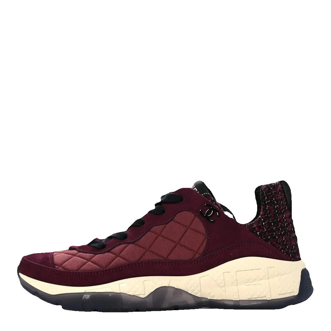 Chanel Tweed Suede Calfskin CC Sneakers - Burgundy