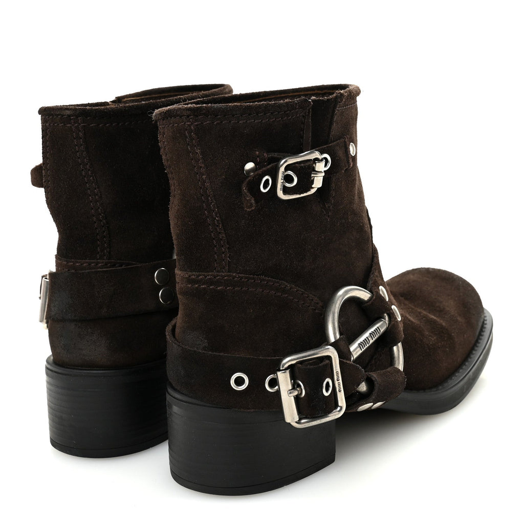 MIU MIU SUEDE HARNESS ENGINEER BOOT BROWN