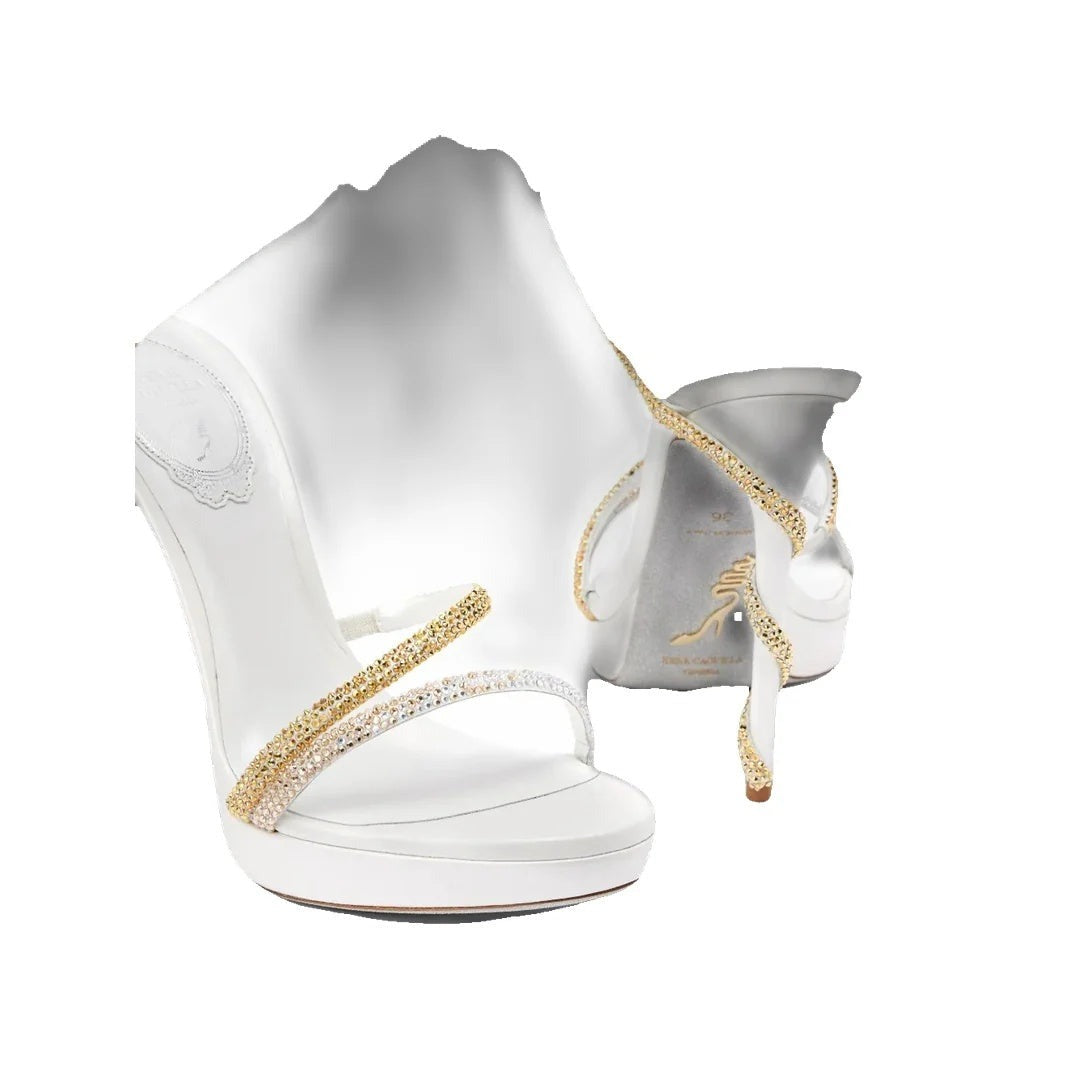 René Caovilla Margot Champagne Sandal With Butterflies 105 - White/Gold