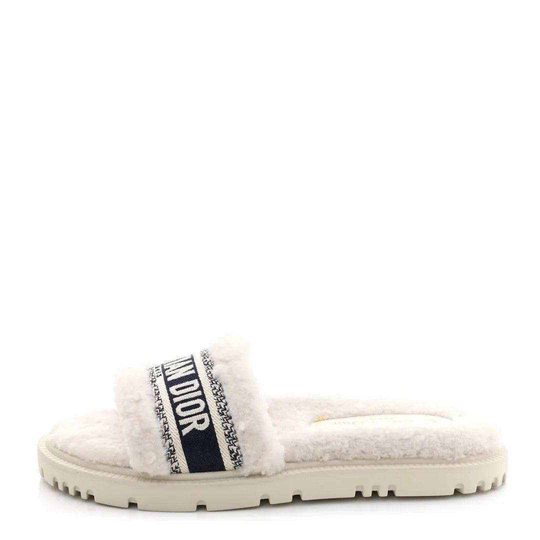 Christian Dior Canvas Embroidered Dway Mule Slide Sandal - White shearling