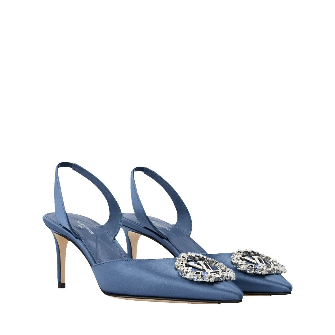 LOUIS VUITTON SATIN CRYSTAL LOGO PUMPS BLUE