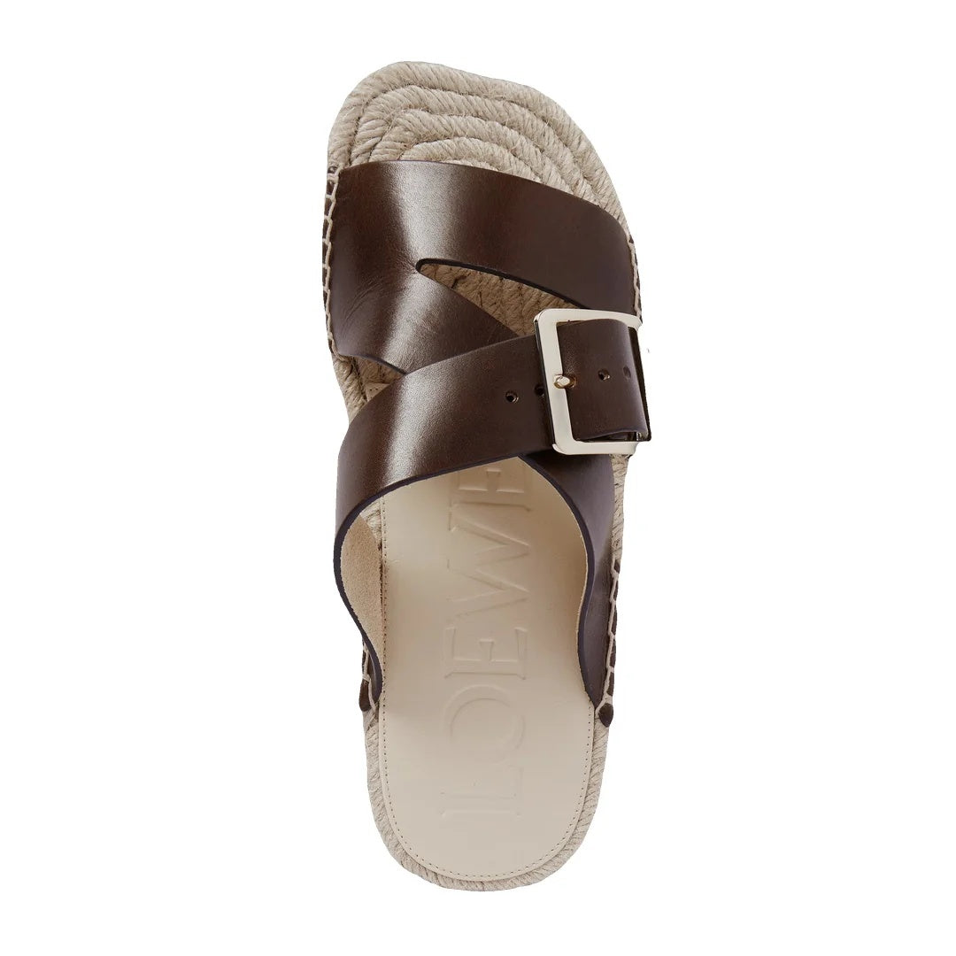 LOEWE PAULA'S IBIZA LEATHER PLATFORM WEDGE SANDALS BROWN