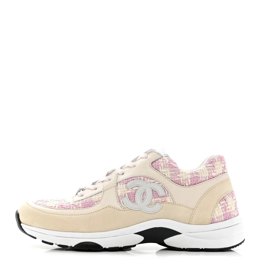 CHANEL TWEED SUEDE CALFSKIN CC SNEAKERS ECRU PINK RED WHITE