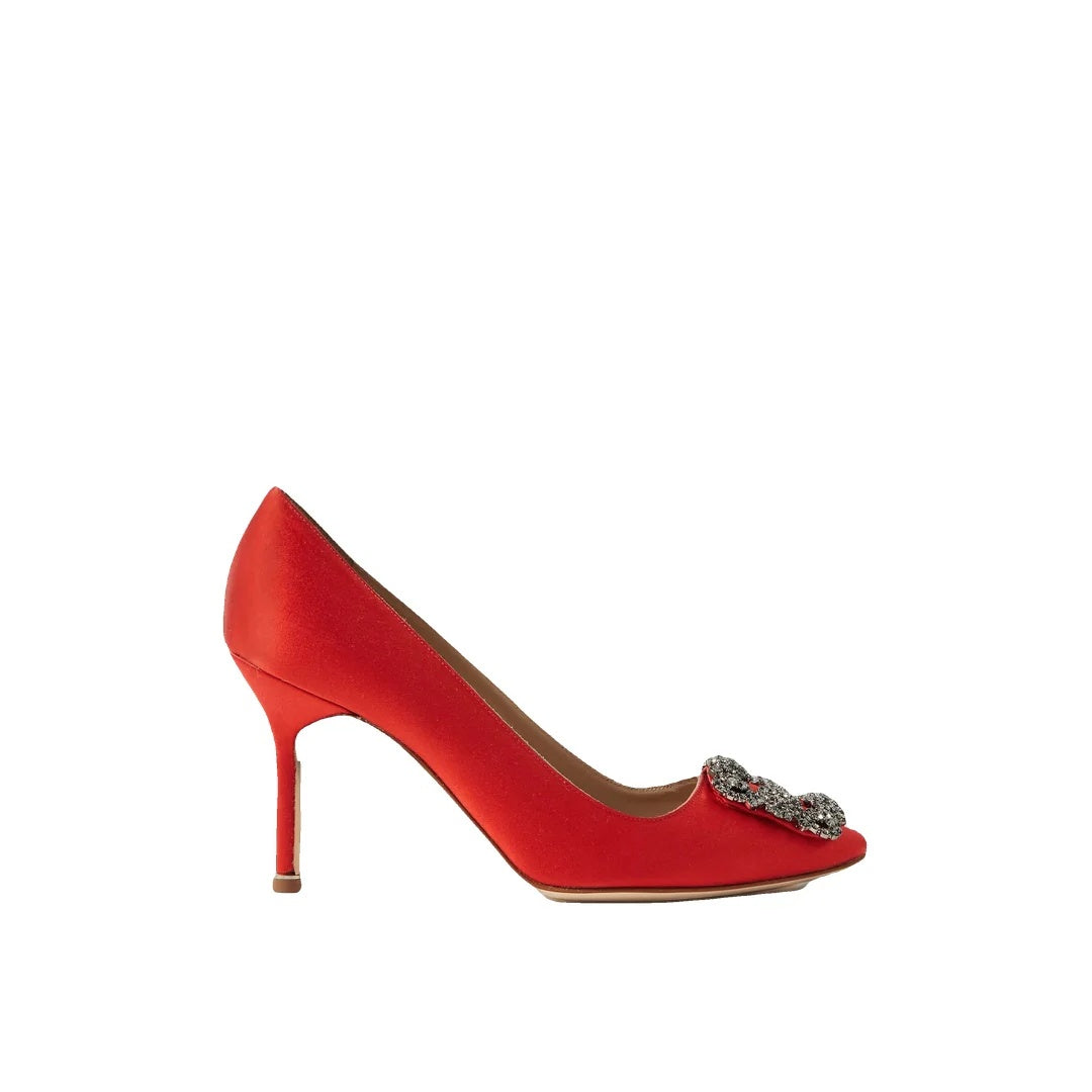 MANOLO BLAHNIK HANGISI CRYSTAL-BUCKLE PUMPS RED