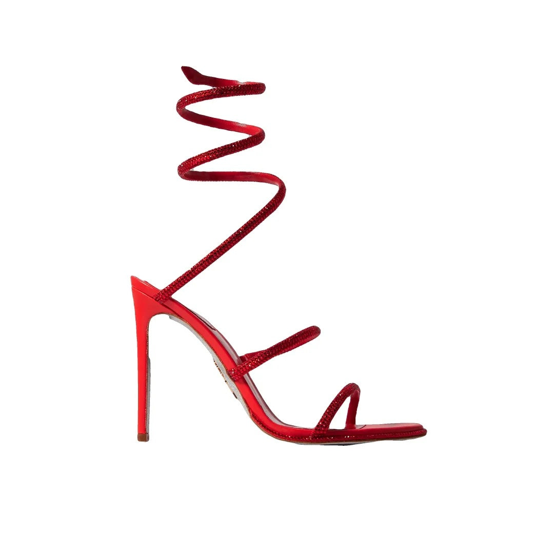 RENÉ CAOVILLA CLEO 105MM BAGUETTE CRYSTAL SATIN SNAKE-WRAP SANDAL RED