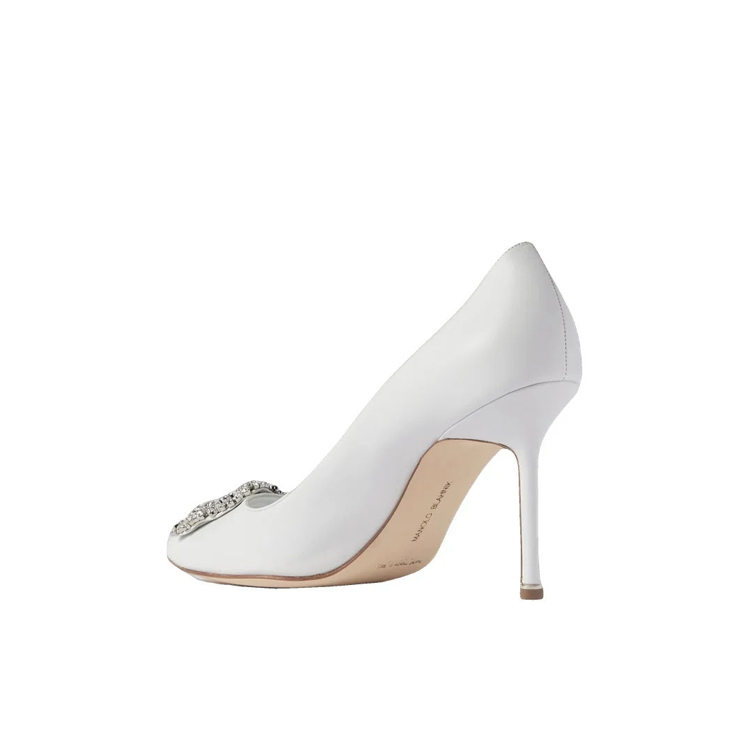 MANOLO BLAHNIK HANGISI CRYSTAL-BUCKLE PUMPS WHITE