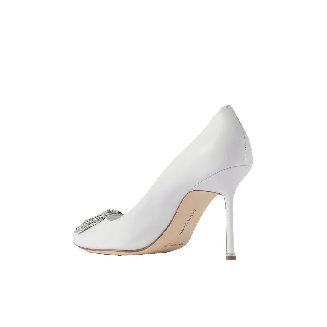 MANOLO BLAHNIK HANGISI CRYSTAL-BUCKLE PUMPS WHITE