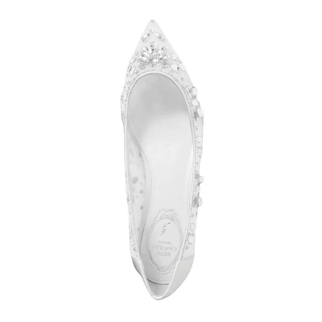 RENÉ CAOVILLA CRYSTAL-EMBELLISHED LACE BALLERINA SHOE WHITE