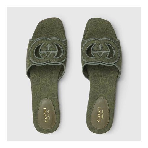 Gucci Jane Embroidered Cotton Flat Slide Sandals - Green