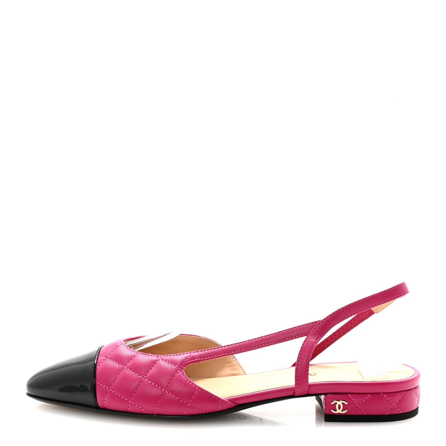 CHANEL LAMBSKIN PATENT CAP TOE CC SLINGBACK FLAT BEIGE BEIGE WITH BLACK CAP TOE (FLAT)