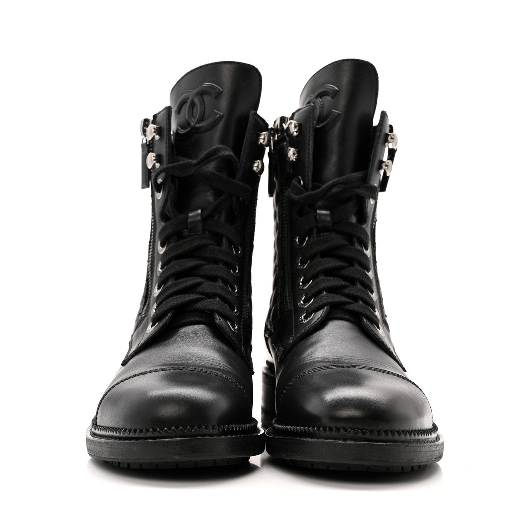 CHANEL QUILTED LACE UP COMBAT BOOTS CALFSKIN BLACK SHW
