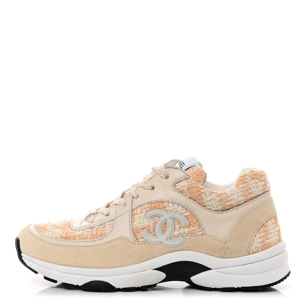 Chanel Tweed Suede Calfskin CC Sneakers Ecru Pink Red - Beige/Orange
