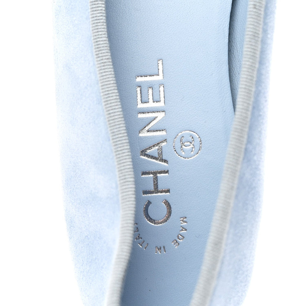 CHANEL SUEDE CAP TOE CC BALLERINA FLAT LIGHT BLUE TURQUOISE