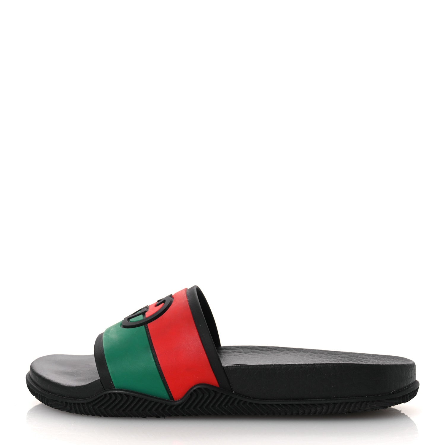 GUCCI RUBBER WEB INTERLOCKING G SLIDE SANDALS BLACK GREEN WHITE