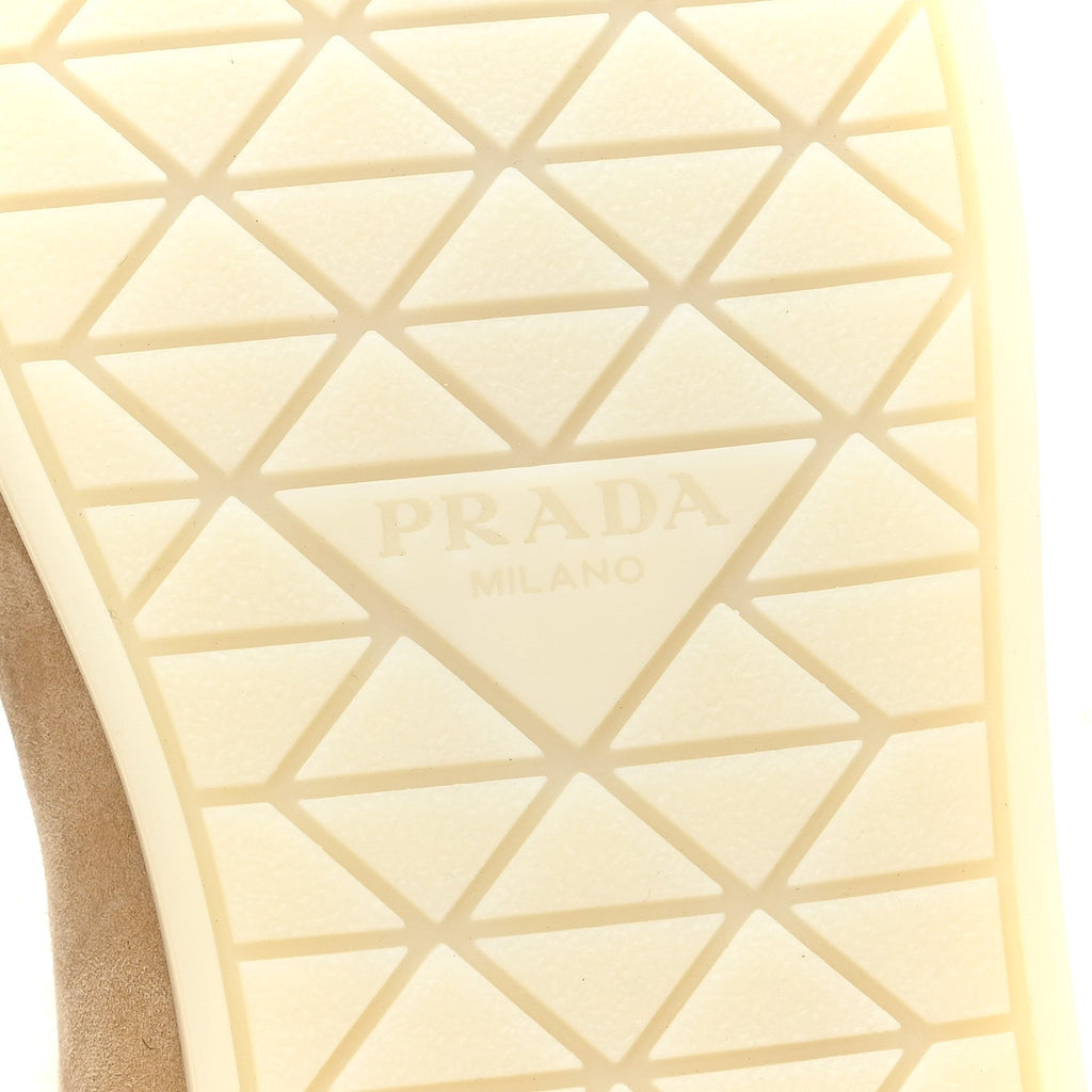 PRADA SUEDE SHEARLING TRIANGLE LOGO LUG SOLE MULES BLACK