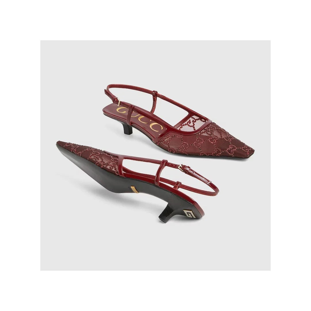 Gucci Crystal GG Monogram Slingback Pumps - Burgundy/Red