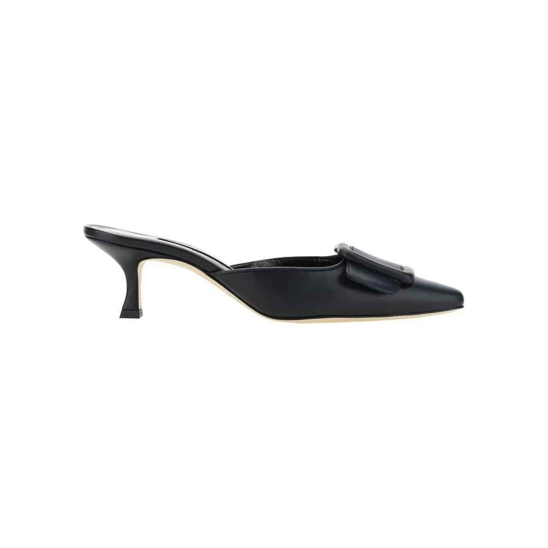 Manolo Blahnik Maysale Buckled Leather-Trimmed Wool Point-Toe Flats - Black