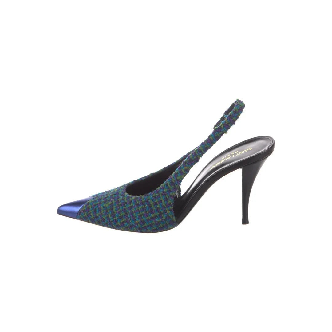 Saint Laurent Slingback Wedge Pumps - Green/Blue Tweed