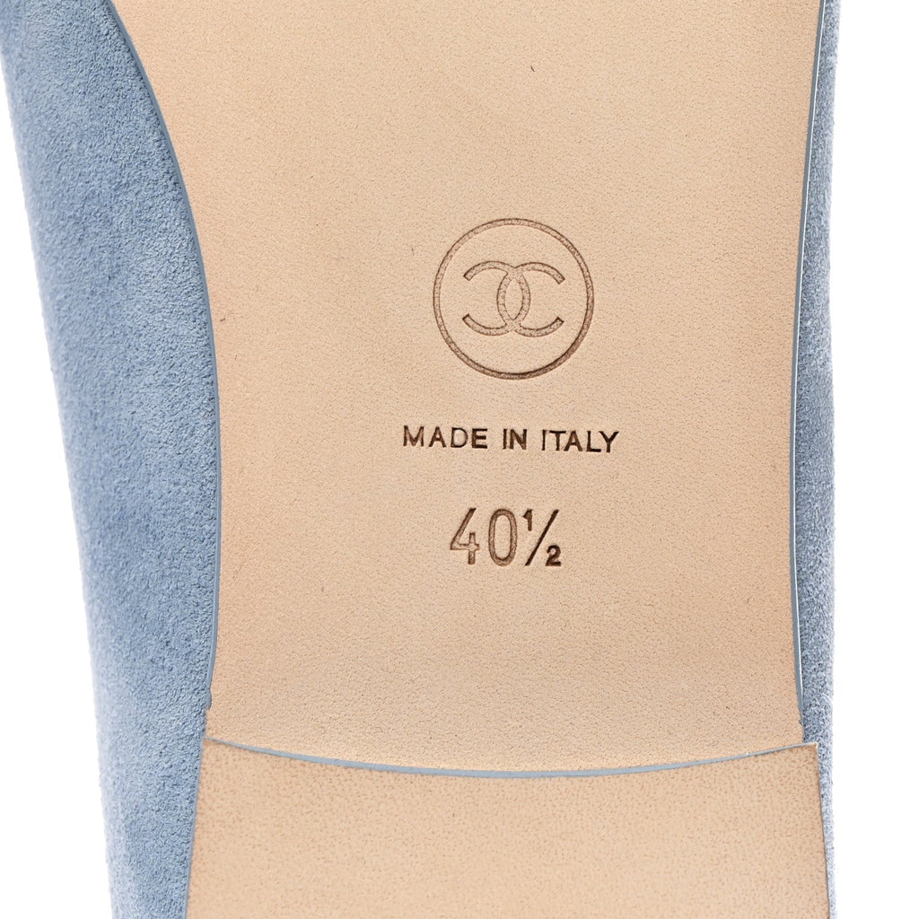 CHANEL SUEDE CAP TOE CC BALLERINA FLAT LIGHT BLUE TURQUOISE