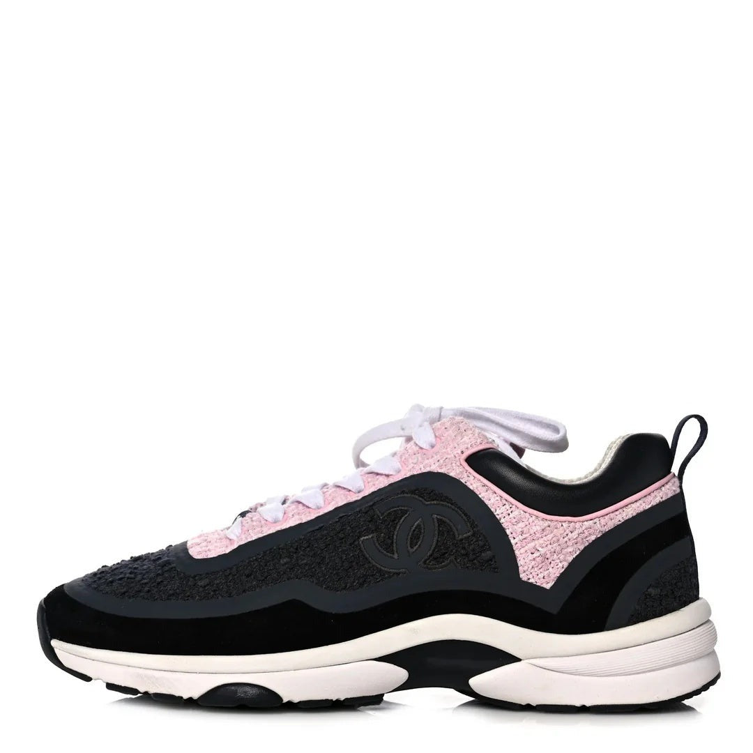 Chanel Tweed Suede Calfskin CC Sneakers - Pink/Black