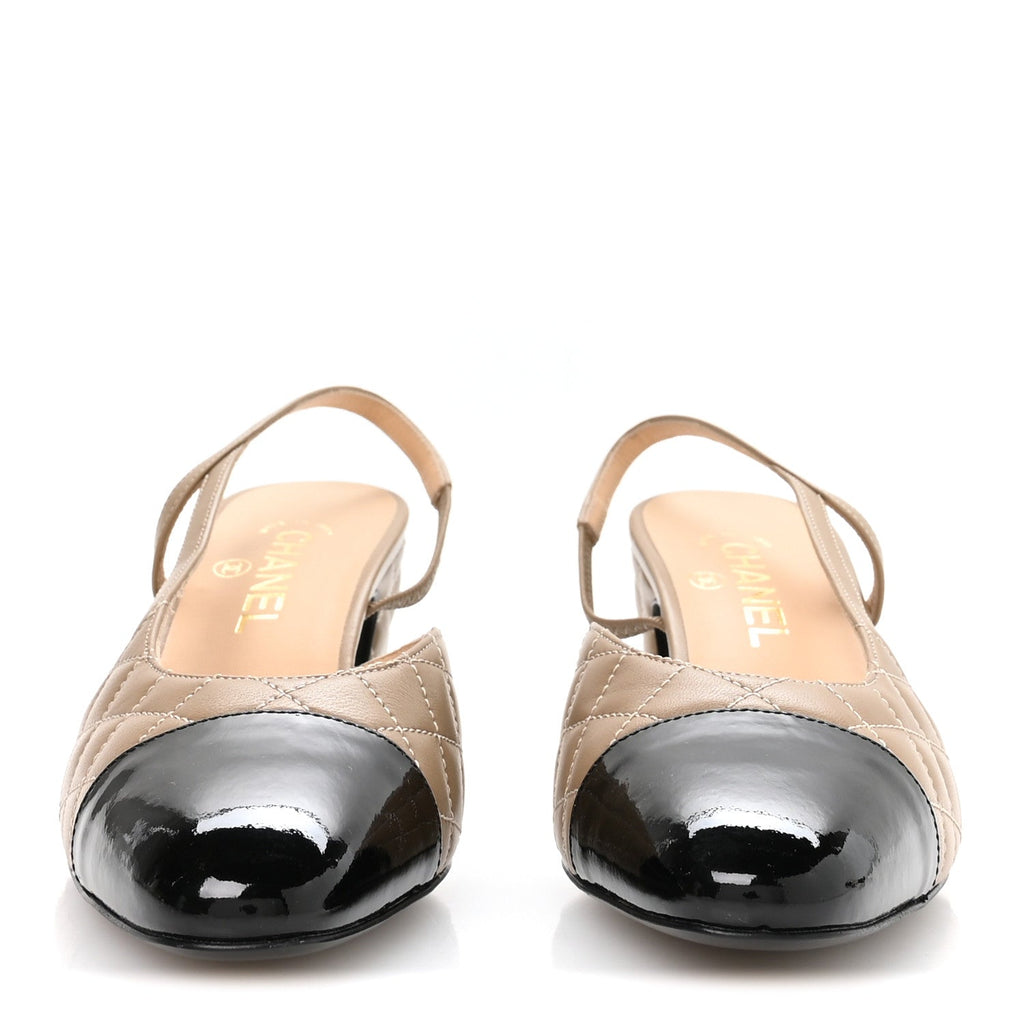 CHANEL BEIGE BLACK CAP TOE CC SLINGBACK PUMPS BEIGE