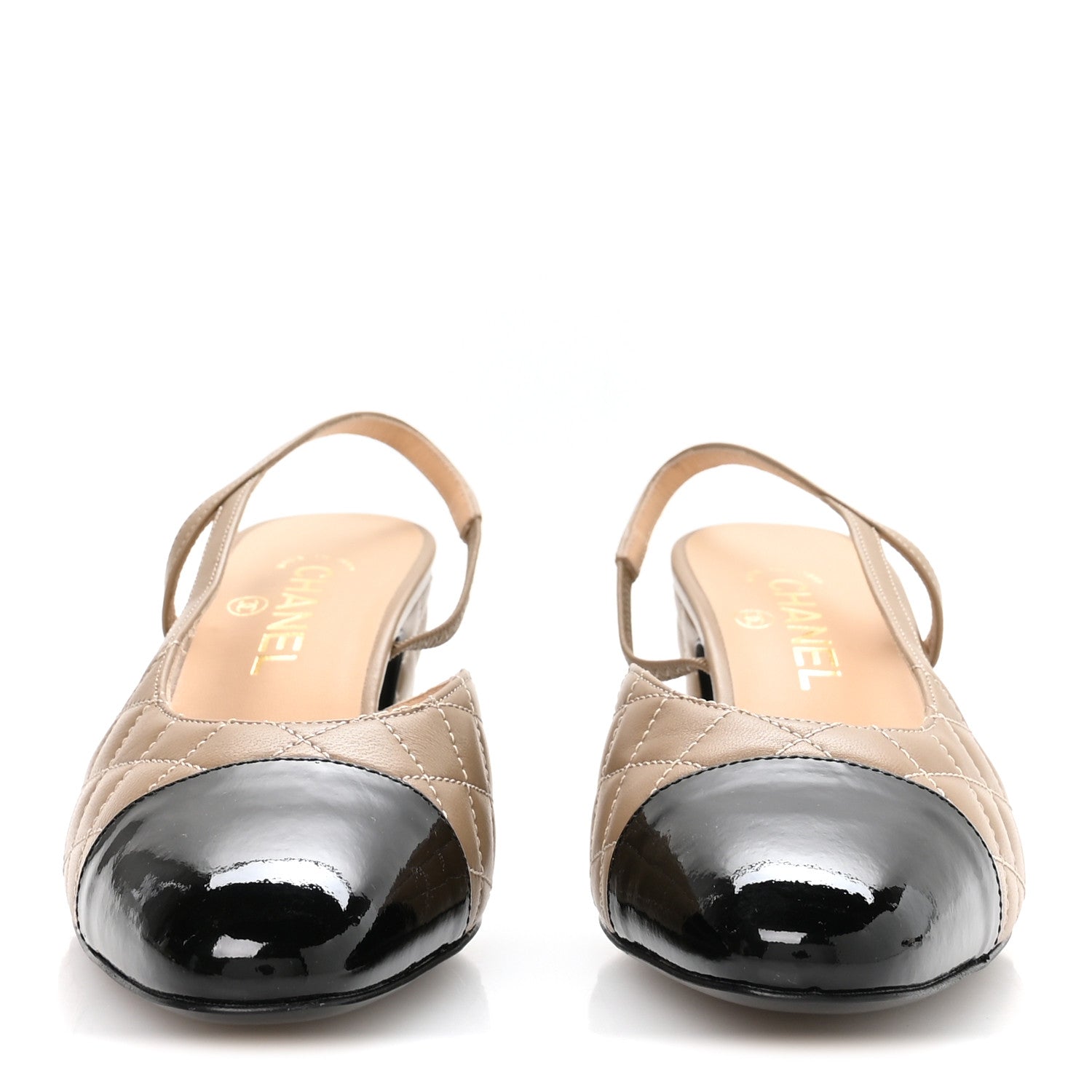 CHANEL BEIGE BLACK CAP TOE CC SLINGBACK PUMPS BEIGE