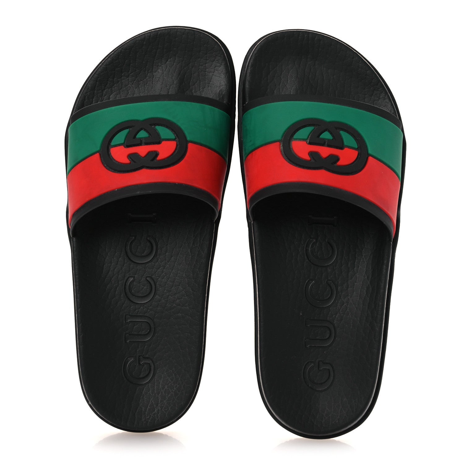 GUCCI RUBBER WEB INTERLOCKING G SLIDE SANDALS BLACK GREEN WHITE