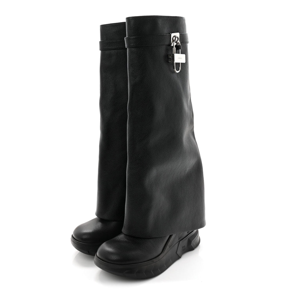 GIVENCHY GRAINED CALFSKIN SHARK LOCK BIKER KNEE BOOT BLACK SMOOTH LEATHER