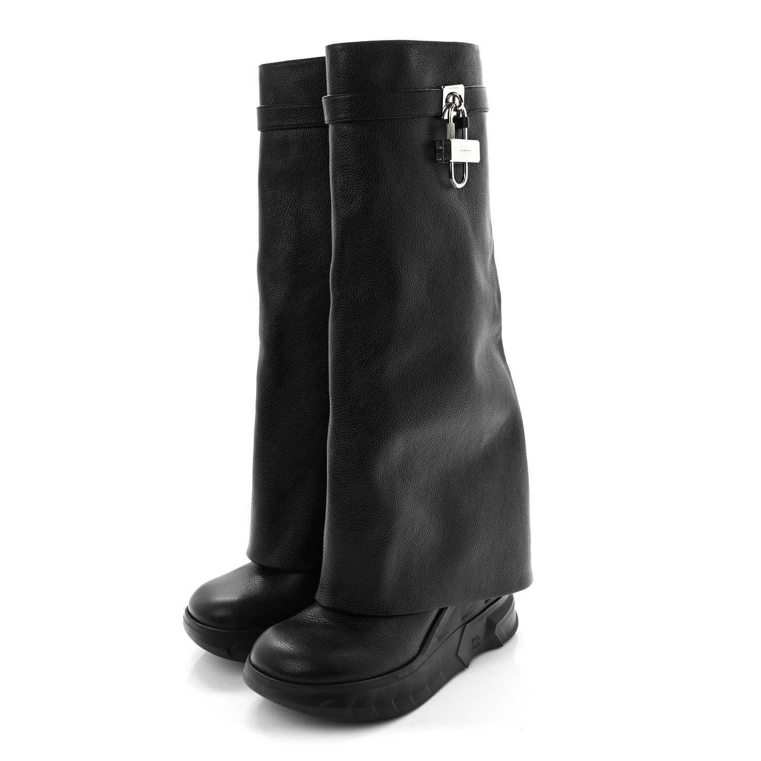 GIVENCHY GRAINED CALFSKIN SHARK LOCK BIKER KNEE BOOT BLACK SMOOTH LEATHER