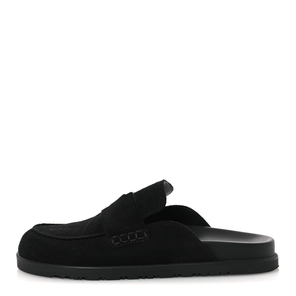 HERMÈS HERMES SUEDE CALFSKIN GO MULE BLACK WITH WHITE SHEARLING