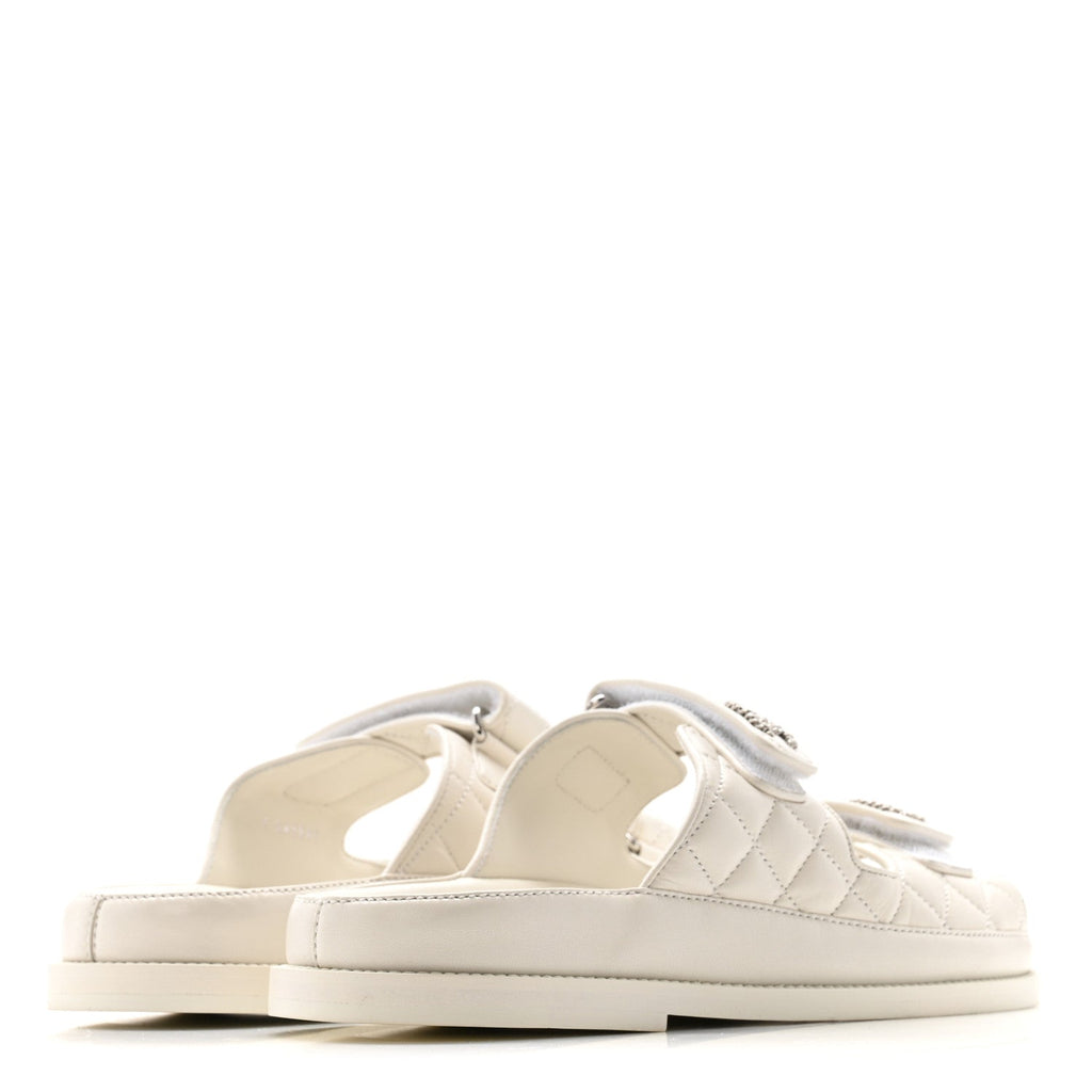 CHANEL LAMBSKIN QUILTED VELCRO DAD CHAIN CC SLIDE SANDAL WHITE